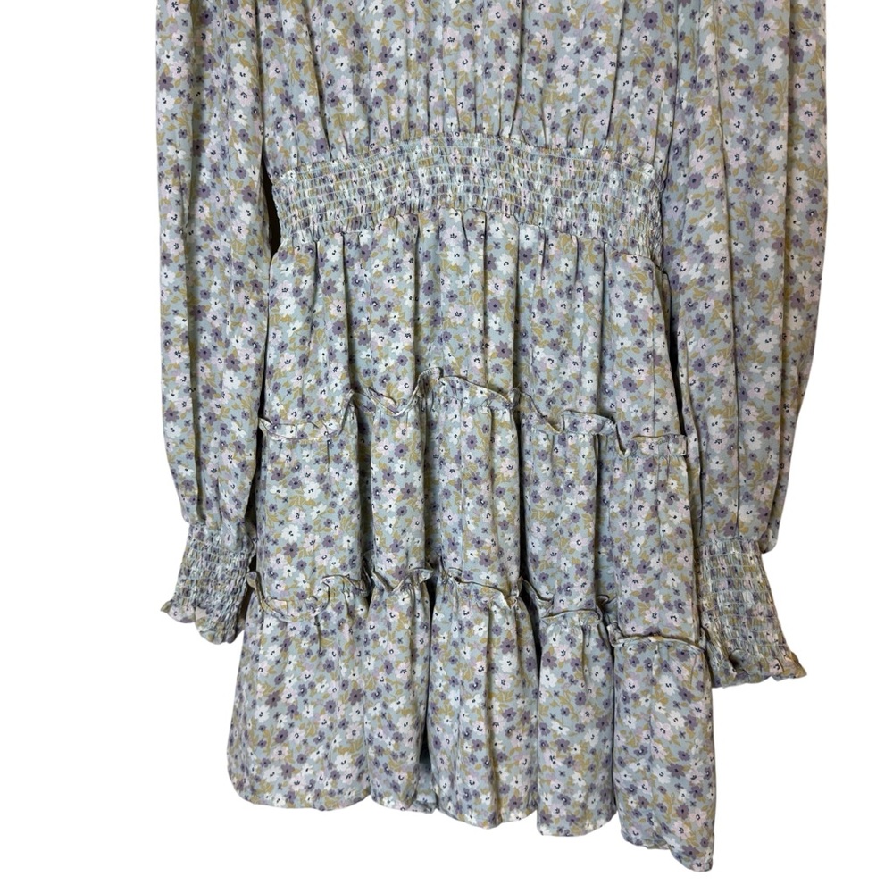 By The River Floral Pastel Mini Dress with Smocking and Ruffle Accents sz L - Picture 4 of 12